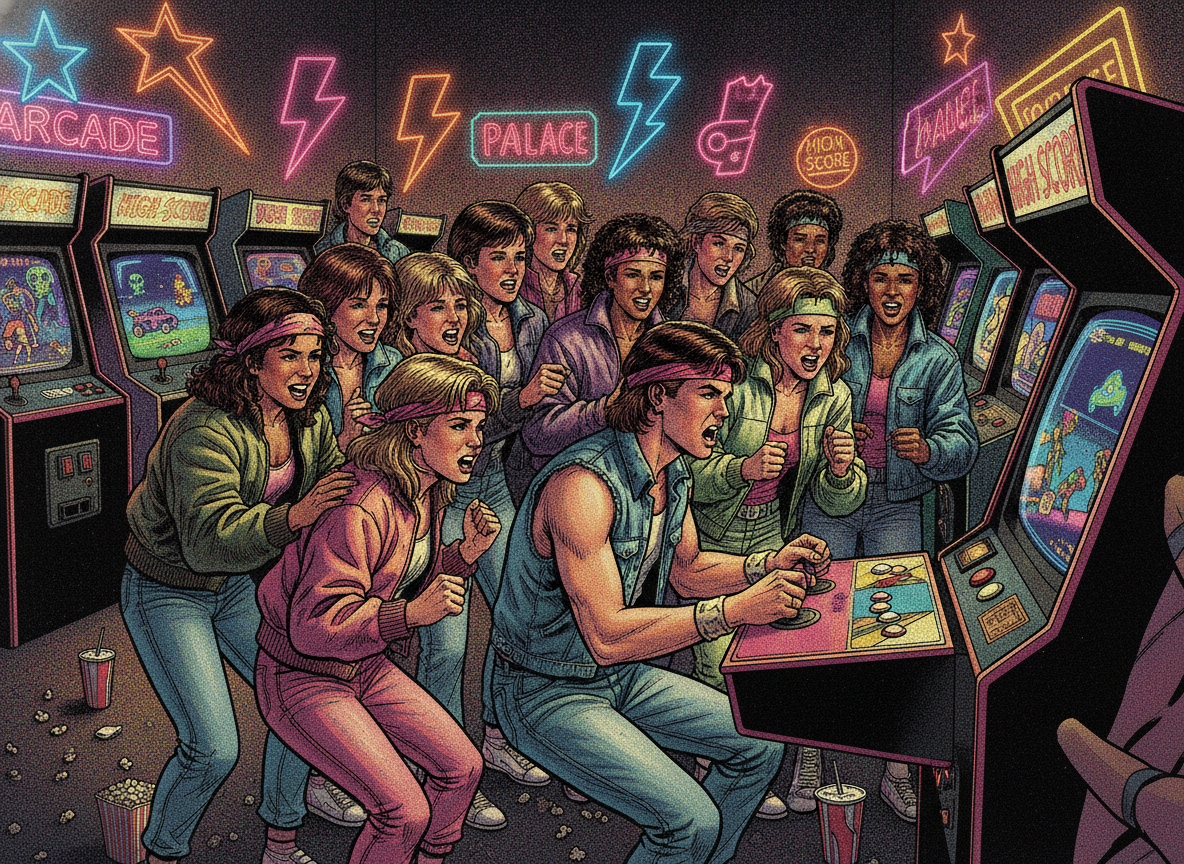 Crowd of teens in the 1980s watching a player compete for the arcade high score