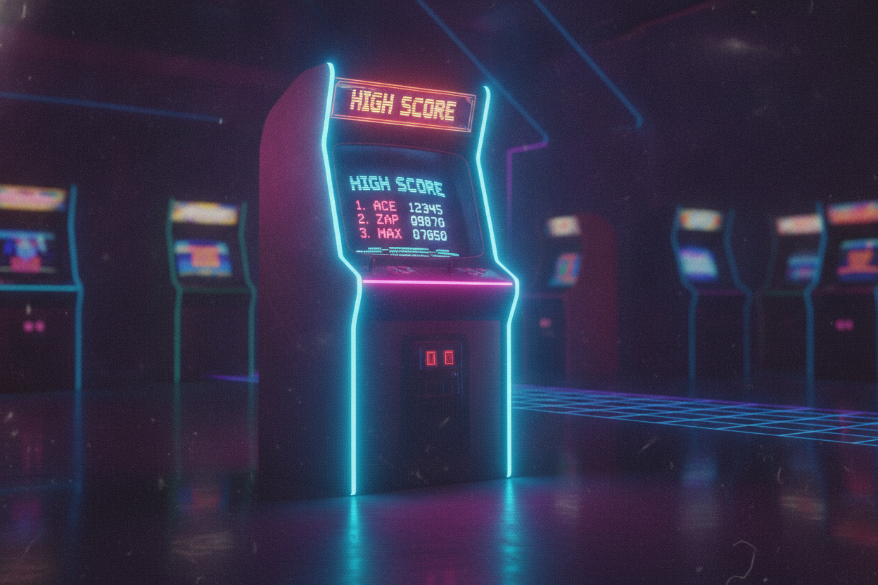 Glowing retro arcade cabinet displaying a neon high score leaderboard